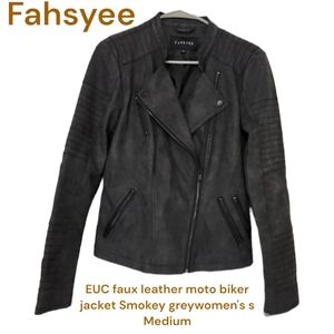 Fahsyee Women's faux leather moto biker jacket asymmetrical Zipper Smokey grey M